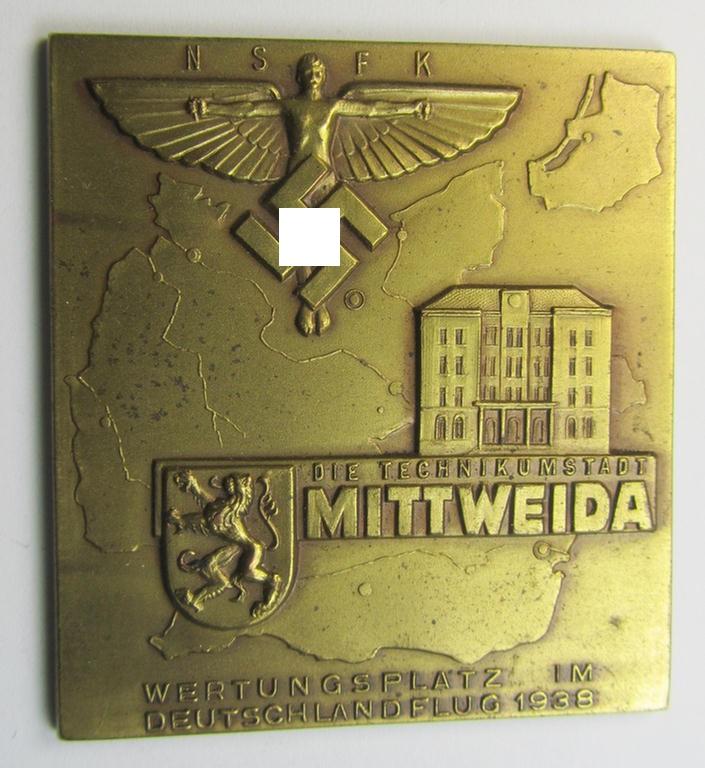 Superb, N.S.F.K.-related plaque (ie. 'Erinnerungs- o. nichttragbare Plakette') as was issued to commemorate a specific meeting ie. national rally entitled: 'Die Technikumstadt Mittweida - Wertungsplatz im Deutschland 1938'
