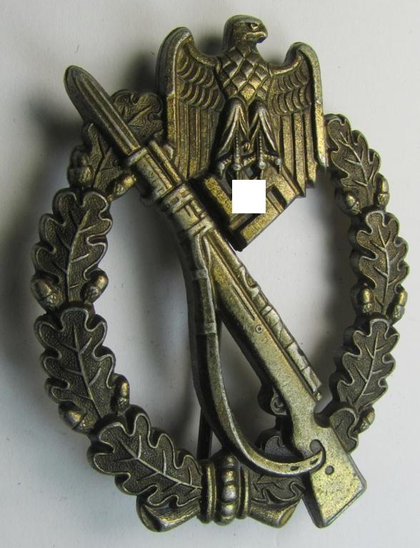 Attractive, 'Infanterie Sturmabz. in Bronze' (or: bronze-class infantry assault badge ie. IAB) being a detailed albeit unmarked example (of the 'long-barrel-hinge'-variant) as executed in 'Feinzink' as produced by the: 'Steinhauer & Lück'-company