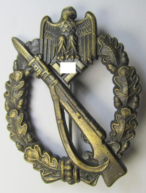 Superb, WH (Heeres- ie. Waffen-SS) 'Infanterie-Sturmabzeichen in Bronze' (or bronze-class IAB) being a neatly maker- (ie.'JFS'-) marked example that comes in an overall very nice- (ie. I deem never worn ie. 'virtually mint'-), condition