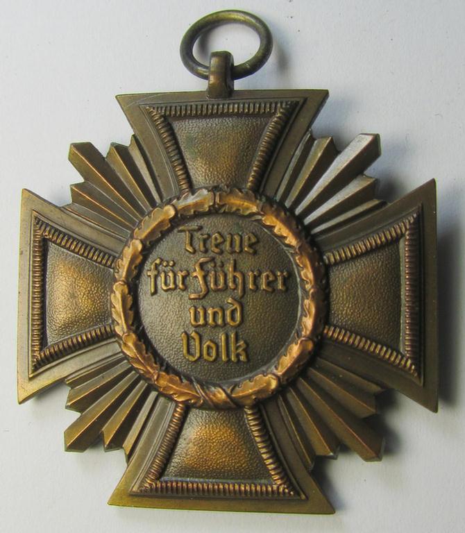 Stunning, 'N.S.D.A.P. Dienstauszeichnung in Bronze' (ie. '3. Stufe für 10 Jahre t. D.') being a maker- (ie. '14'-) marked- (and 'light-weight'!) example that comes mounted onto its period-shortened ribbon (ie. 'Bandabschnitt')