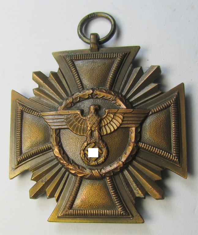 Stunning, 'N.S.D.A.P. Dienstauszeichnung in Bronze' (ie. '3. Stufe für 10 Jahre t. D.') being a maker- (ie. '14'-) marked- (and 'light-weight'!) example that comes mounted onto its period-shortened ribbon (ie. 'Bandabschnitt')
