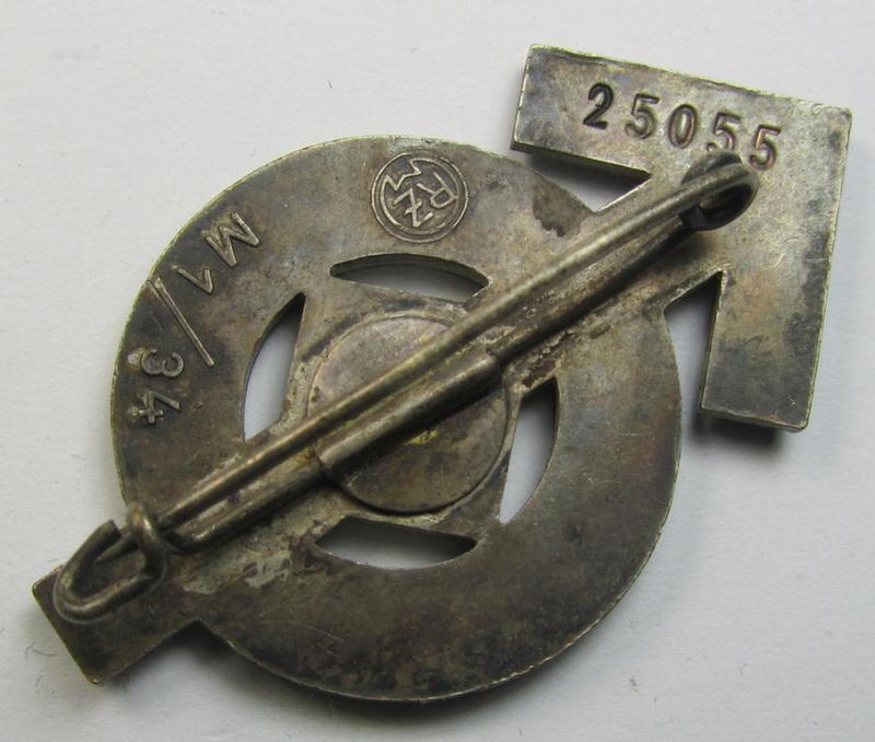 Attractive, HJ- (ie. 'Hitlerjugend'-) sports-badge (or: 'HJ-Leistungsrune') of the silver-class being a clearly maker- (ie. 'RzM - M1/34'-) marked- and/or: 'Buntmetall'-based specimen that shows an engraved (unique) bearers'-numeral ('25055')