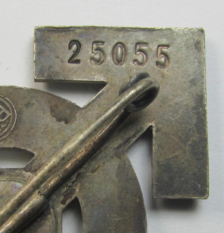 Attractive, HJ- (ie. 'Hitlerjugend'-) sports-badge (or: 'HJ-Leistungsrune') of the silver-class being a clearly maker- (ie. 'RzM - M1/34'-) marked- and/or: 'Buntmetall'-based specimen that shows an engraved (unique) bearers'-numeral ('25055')