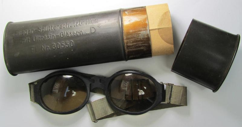 Superb - and/or fully undamaged! - example of a WH (Luftwaffe) pilots'-flight-goggles (ie.: 'Flieger-Splitterschutzbrillen mit Ultrasin-Gläsern “D” - Fl 30550' that comes stored in its period, metal-based etui (ie. container)