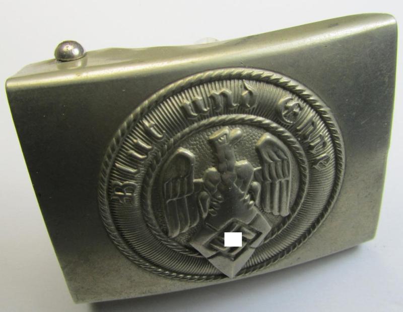 Attractive, HJ (ie. 'Hitlerjugend') silver-coloured- (ie. typical 'nickle-chrome'-based) belt-buckle being a typical non-maker-marked example that comes in an overall very nice- and/or fully untouched, condition
