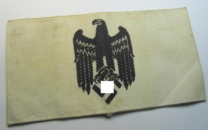 Linnen-based- and/or BeVo-'machine-woven', beige-white-coloured armband (ie. 'Armbinde') showing a woven eagle-device as was specifically intended for (civilian) staff-members (ie. 'Zivilangestellten') of the armed forces ie. 'Deutsche Wehrmacht'