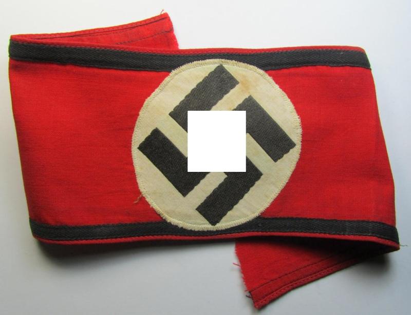 Superb - rarely encountered and just moderately used! - so-called: 'Allgemeine-SS'-related armband (ie. 'Armbinde') being a printed specimen showing a separately-applied (and 'BeVo'-woven)  swastika (ie. roundel) attached