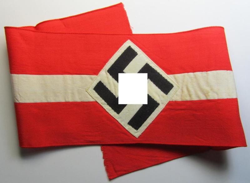 Superb - and nowadays scarcely found! - 'standard'- (ie. entirely woven) pattern, bright-red-coloured HJ- (ie. 'Hitlerjugend'-) related armband (ie. 'Armbinde') being a simply never worn- nor used example that comes without  an 'RzM'-etiket