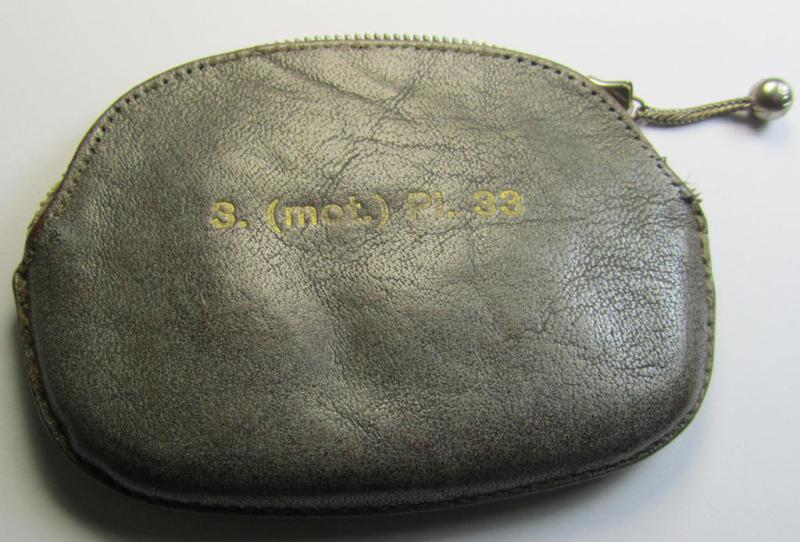 Attractive - and with certainty not often encountered! - greyish-coloured- and/or genuine leather-based purse (ie. 'Geldbörse') showing the golden-toned and neatly impressed text: '3.(mot) Pi. 33'