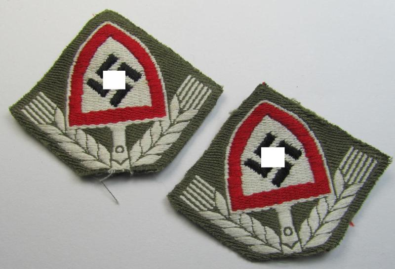 Neat, 'BeVo'-woven so-called: RAD (ie. 'Reichsarbeitsdienst') EM- (ie. NCO-) type cap-badge (being a typical reed-green-coloured example that was used on the various RAD-side-caps ie. 'Schiffchen')