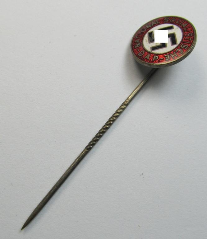 Very unusual, neatly enamelled- (and bright-red-coloured!) miniature 'N.S.D.A.P.'-membership-pin- ie. party-badge (or: 'Parteiabzeichen' ie. 'Halbminatur') being an unmarked example that comes mounted onto its long-sized pin
