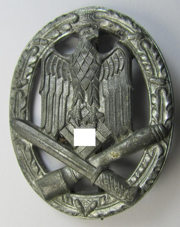 Attractive, 'Allgemeines Sturmabzeichen' (or General Assault Badge ie. GAB), being an unmarked, zinc- (ie. 'Feinzink'-) based so-called: 'flat-back'-pattern by a (by me) unidentified maker