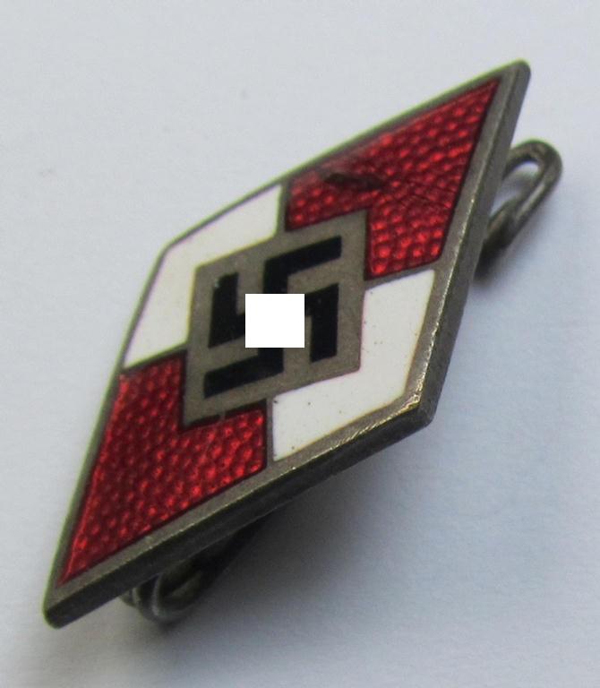 Attractive, HJ (ie. 'Hitlerjugend') enamelled lapel-pin (ie.: 'Raute') being a bright-red-coloured- and/or truly detailed - and untouched! - example showing an: 'RzM - M1/101'-makers'-designation on its back