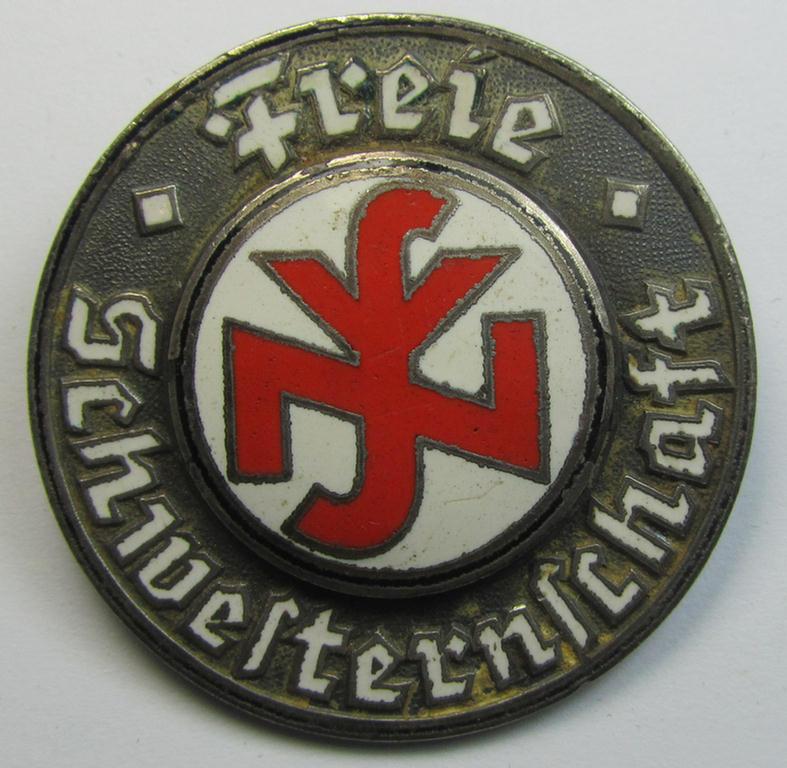 Attractive, DRK- (ie. 'Deutsches Rotes Kreuz'- or German Red Cross) related so-called: nurses'-brooch entitled: 'Freie Schwesternschaft' (being a just minimally used- and multi-coloured enamelled albeit non-maker-marked example)