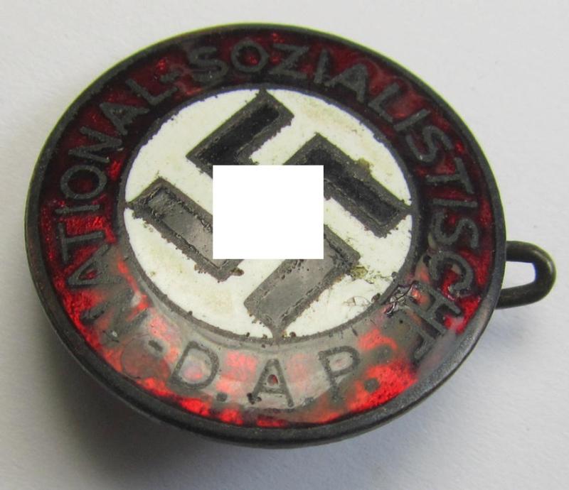Attractive - darker-red-coloured and nicely preserved! - early-period, 'N.S.D.A.P.'-membership-pin- ie. party-badge (or: 'Parteiabzeichen') being a non-maker-marked example that is just bearing a: 'Ges.Gesch.'-patent-pending designation