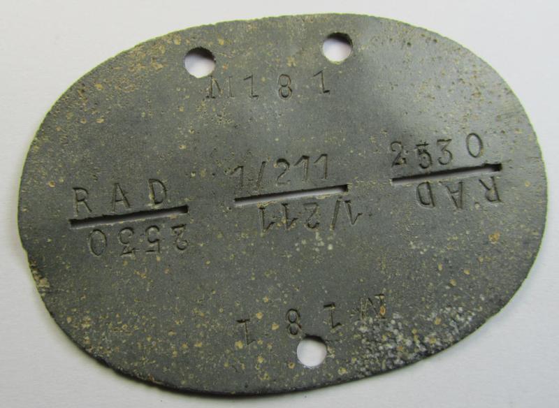 Zinc-based, RAD- (ie. 'Reichsarbeitsdienst'-) related ID-disc (ie. 'Erkennungsmarke') bearing the stamped unit-designation that simply reads: 'RAD 1/211 2530' and that comes as issued- and/or worn