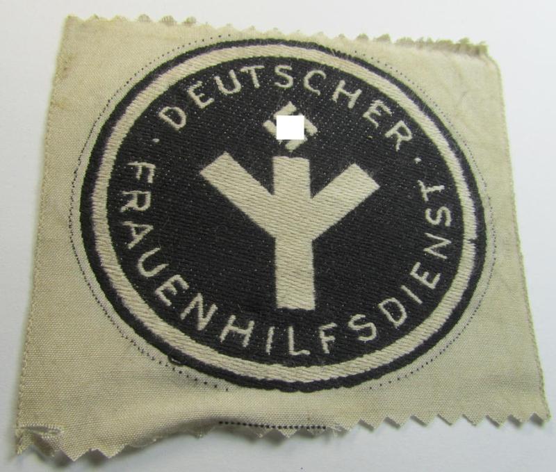 Attractive - and with certainty scarcely encountered! - example of a female-related- (ie. 'NS-Frauenschaft' ie. German Womens'-Association) 'BeVo'-woven sports'-shirt badge depicting the text: 'Deutscher Frauenhilfsdienst'