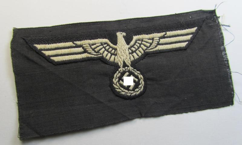 Neat, WH (Heeres) early- (ie. pre-) war-period- and/or white-coloured 'Panzer'-type breast-eagle of the so-called: 'M35'- (ie.'M36'-) pattern as was executed in the neat 'BeVo'-weave pattern on a black-coloured background