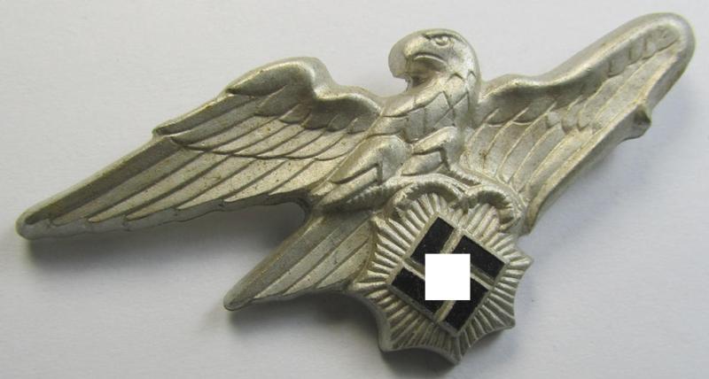 Attractive - and scarcely encountered! - officers'- (ie. evt. NCO-) pattern, aluminium-based so-called: 'Luftschutz' (ie. RLB-) visor-cap eagle being a maker- (ie. 'HA'-) marked example as was produced by the 'H. Aurich'-company
