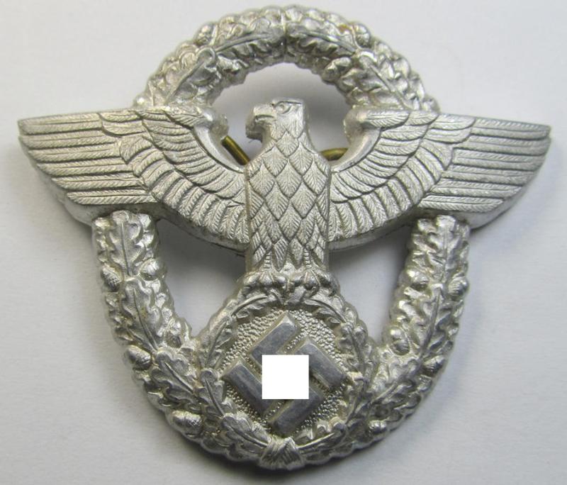 Attractive, 'standard-issue'-pattern - and aluminium-based - 'Polizei'- (ie. police) visor-cap eagle being a bright-silver-coloured- and non-maker-marked example as was intended for usage on the various 'Polizei' (ie. police) visor-caps