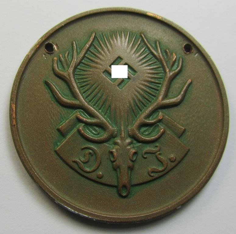 Commemorative, TR-period 'DJ'- (ie. 'Deutsche Jägerschaft'-) related plaque (ie. 'Erinnerungs- o. tragbare Plakette') depicting the typical 'DJ'-logo (ie. andler) and showing the engraved date: '1938'