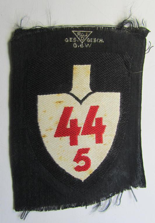 'BeVo'-woven, enlisted-mens'- (ie. NCOs'-) pattern, so-called: RAD (ie. 'Reichsarbeitsdienst') sleeve-badge (or: 'Dienststellenabzeichen'), bearing the specialist- ie. unit-designation: '44/5'