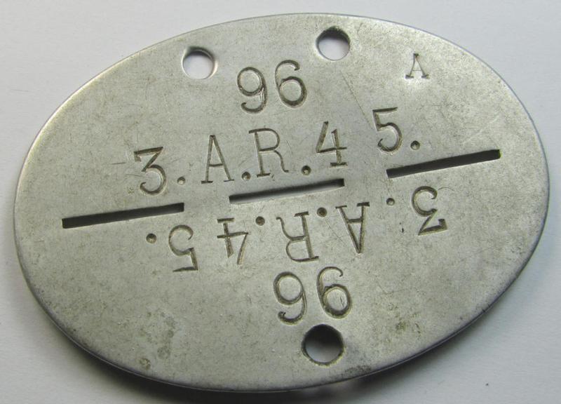 Aluminium-based, WH (Heeres) ie. 'Artillerie'-related ID-disc (ie. 'Erkennungsmarke') bearing the stamped unit-designation that simply reads: '3./A.R.45' and that comes as recently found