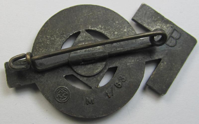 Attractive, HJ (ie. 'Hitlerjugend') sports-badge (or: 'HJ Leistungsrune') being a 'Buntmetall'-based example of the silver-class, being a maker- (ie. 'RzM - M 1/63'-) marked specimen (that is additionally marked with a 'B'-designation)