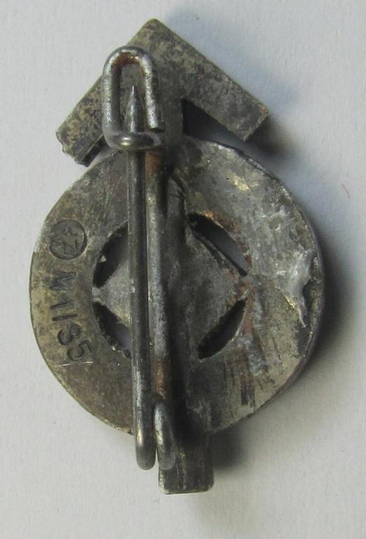 Neat, miniature-sized (ie. 'Halbminiatur') HJ (ie. 'Hitlerjugend') sports-badge (or: 'HJ-Leistungsrune') being an example of the silver-class, which is clearly maker- (ie.: 'RzM-M1/35'-) marked on its back