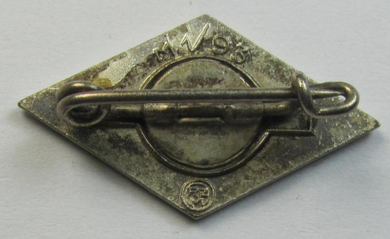 Neat, HJ (ie. 'Hitlerjugend') enamelled lapel-pin (ie.: 'Raute') being a bright-red-coloured- and/or truly detailed example showing an: 'RzM - M1/93'-makers'-designation on its back