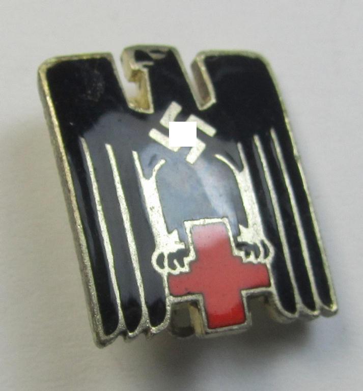 Multi-coloured- and/or neatly enamelled! - DRK (ie. 'Deutsches Rotes Kreuz') civil-attire badge (ie. 'Zivilabzeichen des D.R.K.') being a very detailed example that is void of a makers'-mark but that shows a: 'Ges.Gesch.'-patent-designation