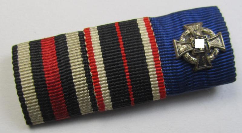 Three-pieced ribbon-bar (ie. 'Feld-/Bandspange') showing resp. the ribbons for a WWI-period: 'FKK 1914-18 ohne Schwertern', a: Kriegsverdienstmedaille 1939' and a: 'Treuedienst Ehrenzeichen der 2. Kl.'