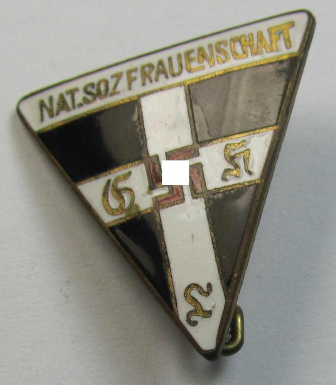 Neat, 'NS-Frauenschaft'-membership-badge (ie. 'Mitgliedsabzeichen', being a 25-mm.-sized (ie. 'Halbminiatur') example of the fourth pattern (being an non-maker-marked example that shows a: 'Ges.Gesch.'-patent-pending-designation)