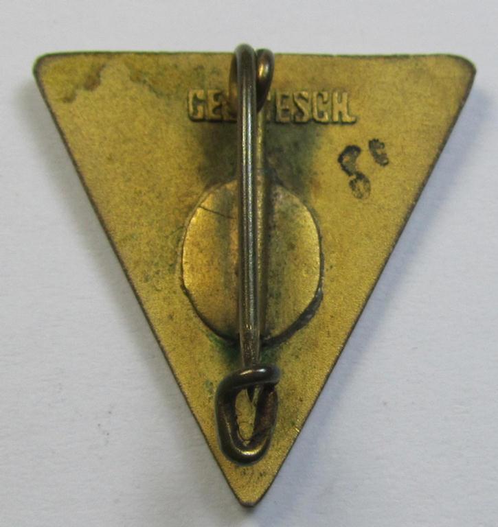 Neat, 'NS-Frauenschaft'-membership-badge (ie. 'Mitgliedsabzeichen', being a 25-mm.-sized (ie. 'Halbminiatur') example of the fourth pattern (being an non-maker-marked example that shows a: 'Ges.Gesch.'-patent-pending-designation)