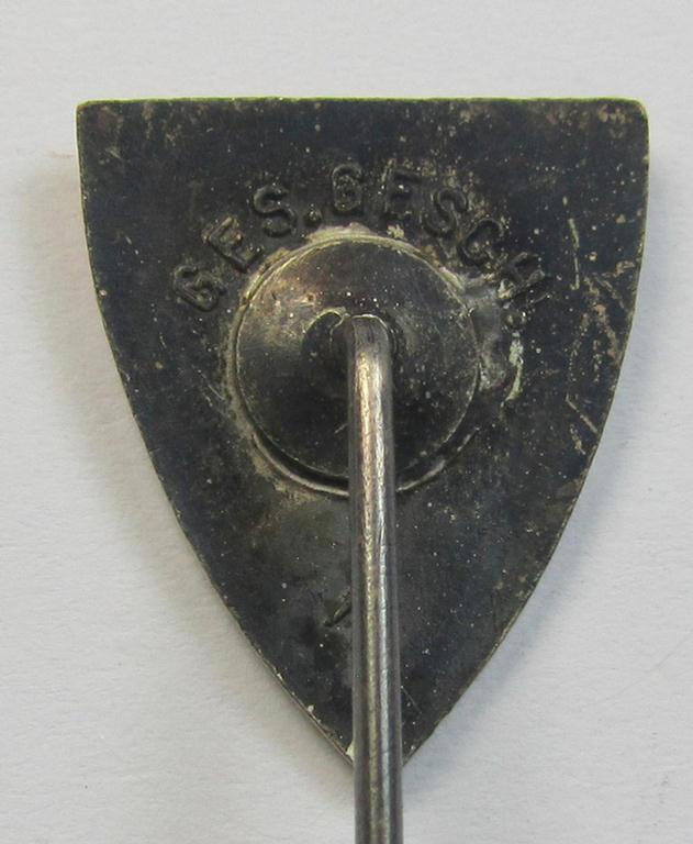 Neat membership-lapel-pin as was intended to signify membership within the: 'Nationalsocialistischer Reichskriegerbund' (ie. 'N.S.R.K.B.') being a maker- (ie. '1'-) marked example that also bears a: 'Ges.Gesch.'-patent-pending-designation