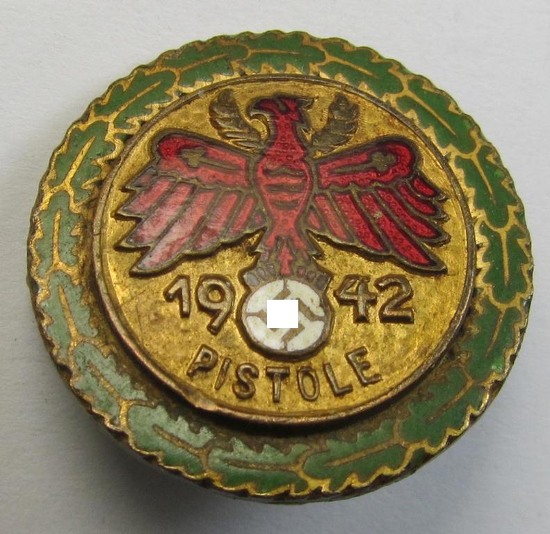 Attractive - and unusally seen! - multi-coloured enamelled (and 'Buntmetall'-based), smaller-sized, so-called: 'Gaumeisterabzeichen in Gold für Pistole 1942 des Standschützenverbandes Tirol-Vorarlberg'