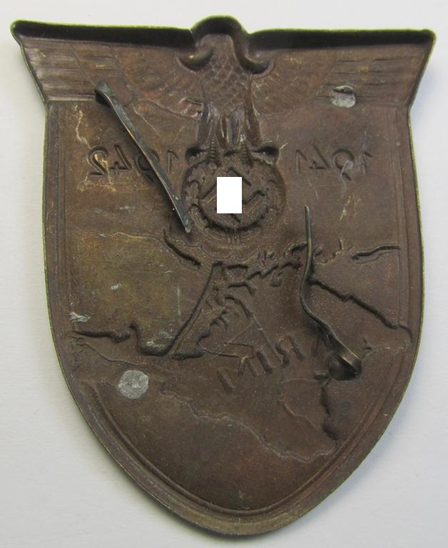 Attractive - albeit regrettably incomplete! - WH (Heeres o. Waffen-SS etc.) 'Krim'-campaign-shield (as produced by a by me unidentifed maker) that comes in an issued-, moderately worn- and/or carefully tunic-removed-, condition