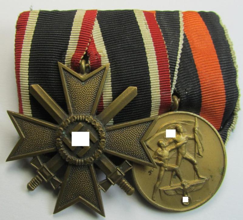 Attractive example of a two-pieced medal-bar (ie.: 'Doppelspange') resp. showing a: 'KvK 2. Klasse mit Schwertern' (or: War Merits' Cross second class with swords) and a Czech 'Anschluss'-medal '1 Oktober 1938'
