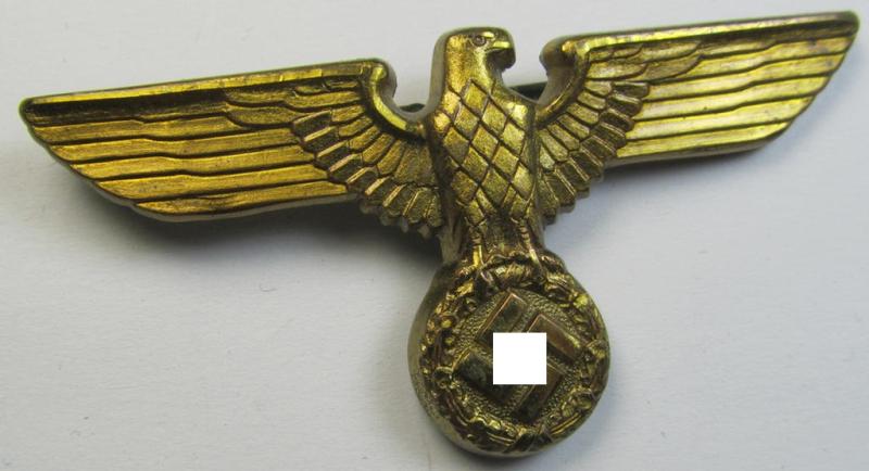 Attractive, bright-golden-coloured- and/or: zinc-based (political-style) visor- (ie. 'Schirmmützen'-) cap-eagle being a detailed 'Feuervergoldetes' example that is neatly: 'RzM' and/or 'M1/47' marked on its back