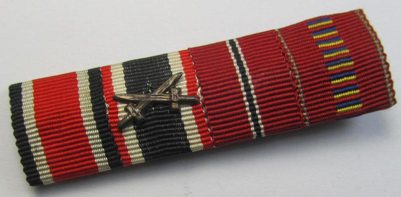 Neat, 4-pieced, WH (Heeres etc.) medal-bar (ie. 'Feld- o. Bandspange') showing resp. the ribbons for an: 'EK II. Kl.', a: 'KvK II.Kl. m. Schw.', an: 'Ost'-medal and a Romanian medal: 'Kreuzzug gegen den Kommunismus'