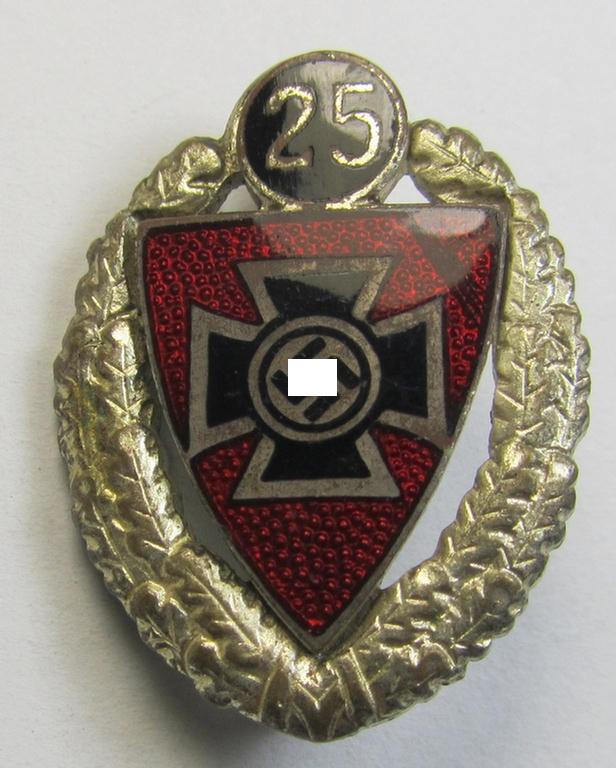 Honorary-membership lapel-pin (aka: 'Silberne Ehrennadel für 25 Jahre Mitgliedschaft im Nationalsocialistischer Reichskriegerbund' (ie. 'N.S.R.K.B.') being a maker- (ie. '4'-) marked example that also bears a: 'Ges.Gesch.'-designation on its back