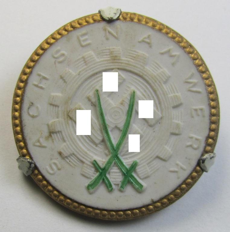Attractive - and not that often encountered! - white-toned- and/or: 'Meissen'-porcelain-based, so-called: 'Erinnerungs-Medaille' showing the DAF-related cog-wheel and 'Meissen'-logo coupled with the text: 'Sachsen am Werk'