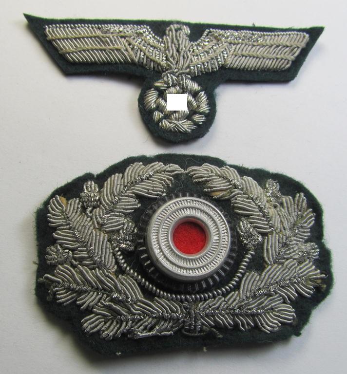 Attractive - and truly nicely hand-embroidered! - WH (Heeres) EM- (ie. NCO- or even officers'-) type visor-cap (ie. 'Schirmmützen') insignia-set comprising of a detailed cap-eagle and/or matching cocarde