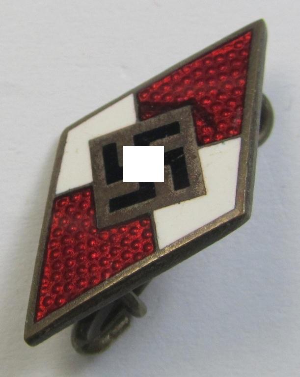 Neat, HJ (ie. 'Hitlerjugend') enamelled lapel-pin (ie.: 'Raute') being a bright-red-coloured- and/or truly detailed example showing an: 'RzM - M1/127'-makers'-designation on its back
