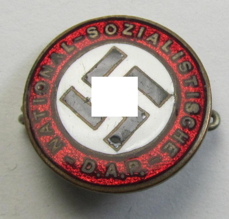 Attractive - bright-red-coloured and nicely preserved! - so-called: 'N.S.D.A.P.'-'variant'-pattern lapel-pin- ie. party-badge (or: 'Parteiabzeichen') being a smaller-sized specimen that is void of a makers'-designation