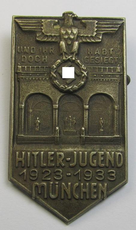 Very attractive - and scarcely encountered! - HJ (ie. 'Hitlerjugend'-) related 'tinnie' (ie. 'Veranstaltungsabzeichen') being a maker- (ie. 'H. Wittmann'-) marked (and hollow-back!) example showing the text: 'Hitler-Jugend 1923-1933 München'
