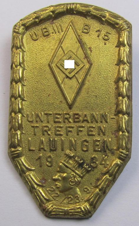 Superb - and rarely found! - HJ- (ie.'Hitlerjugend'-) related day-badge (ie. 'tinnie' or: 'Veranstaltungsabzeichen') as was issued to commemorate a HJ-related gathering named: 'UB III B15 - Unterbann Treffen - Lauingen - 22. 23.-9-1934'
