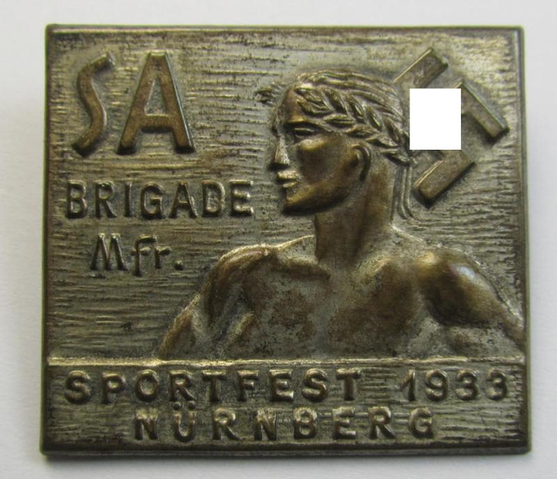 Attractive - and not that easily encountered! - SA- (ie. 'Sturmabteilungen'-) related 'tinnie', being a non-maker-marked example depicting Roman-styled sportsman, swastika and text that simply reads: 'SA-Brigade Mfr. - Sportfest 1933 - Nürnberg'