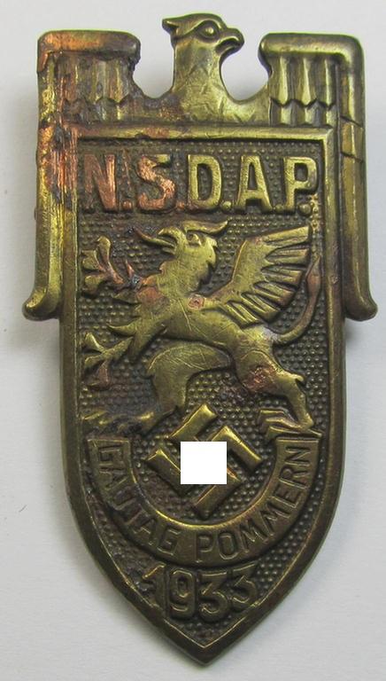 Commemorative - and fairly luxuriously styled! - golden-coloured, N.S.D.A.P.-related 'tinnie' being a maker- (ie. 'Walter Demmer'-) marked example depicting an illustration of an eagle and bearing the text: 'N.S.D.A.P. Gautag - Pommern - 1933'