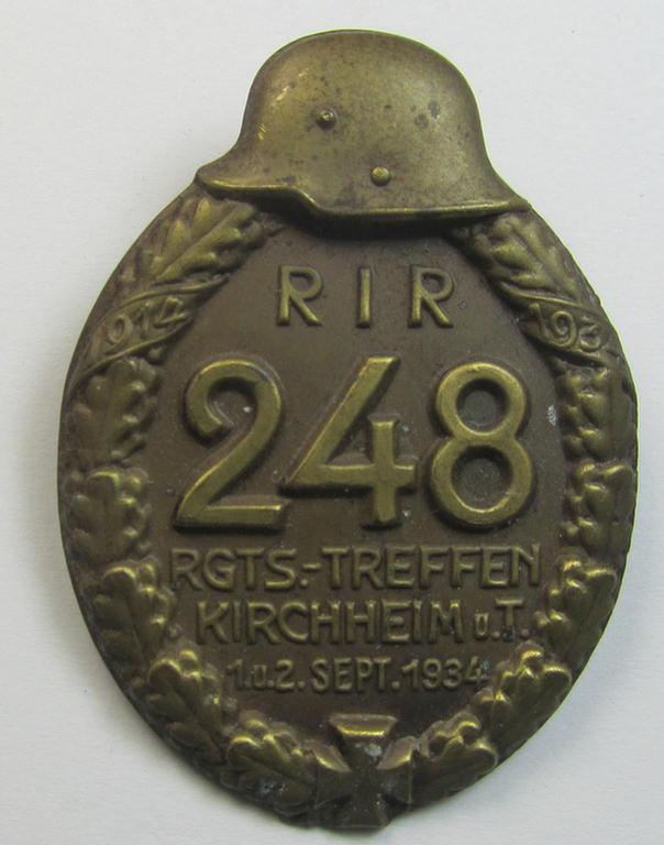 Neat, golden-bronze-toned- (and I deem typical zinc-based) WH (Heeres) related day-badge (ie. 'tinnie' or: 'Veranstaltungsabzeichen') as was issued to commemorate a meeting named: 'RIR 248 Rgts.Treffen - Kirchheim u. T. - 1. u. 2. Sept 1934'